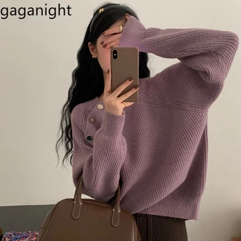 Женский винтажный фиолетовый кашемировый пуловер с круглым вырезом, свитер Gaganight, Женская осенне-зимняя Корейская версия, трикотаж с диагональными пуговицами