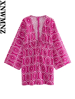XNWMNZ Женская мода 2023, Короткое платье с принтом, Женский стиль для отпуска, V-образный вырез, длинный рукав, Молния сзади, Свободные женские платья