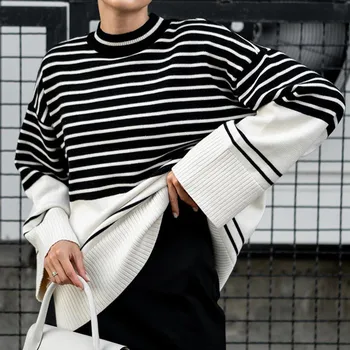 Зимний женский свитер в полоску большого размера, модный Свободный повседневный свитер с круглым вырезом 2023, Осенний пуловер, свитер, женский джемпер, уличная одежда