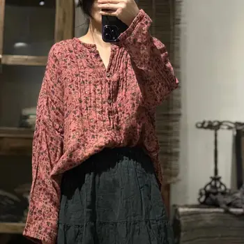 Винтажная женская рубашка, хлопковый кардиган с круглым вырезом, Осень-весна 2023, Тонкое пальто с цветочным принтом и длинным рукавом, женское YoyiKamomo