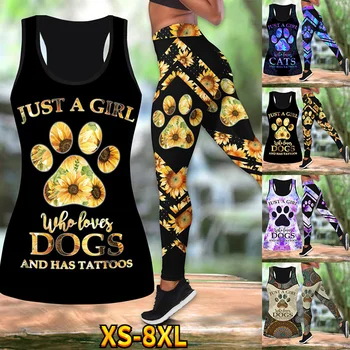 Девушка-подсолнух Любит татуировки с собаками, комбинированные милые леггинсы на бретелях для женщин, леггинсы для йоги, облегающий повседневный костюм для йоги XS-8XL