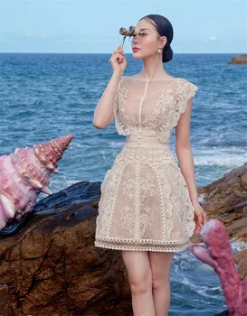 Элегантная летняя короткая юбка 2023, модное кружевное перспективное сексуальное коктейльное платье трапециевидной формы с круглым вырезом на день рождения, белое, бежевое, фиолетовое
