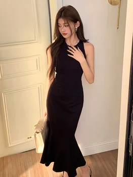 Корейское модное Черное платье-труба, женские летние длинные платья без рукавов, Офисные Женские вечерние тонкие платья