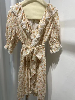 Женское мини-платье с оборками и пышными рукавами, милое платье с поясом