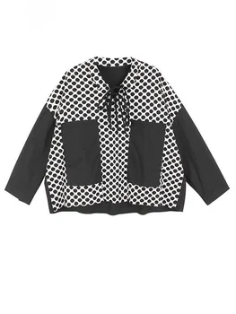 Женская Повседневная блузка большого размера с принтом в черный горошек, Новая Свободная рубашка с длинным рукавом с лацканами, Модный прилив Весна Осень O542