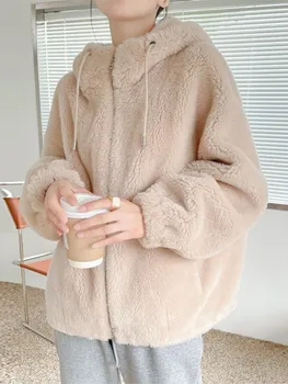 Корейский модный искусственный мех, цельный воротник из натуральной шерсти ягненка, Свободное тонкое зимнее новое пальто средней длины, женское повседневное пальто