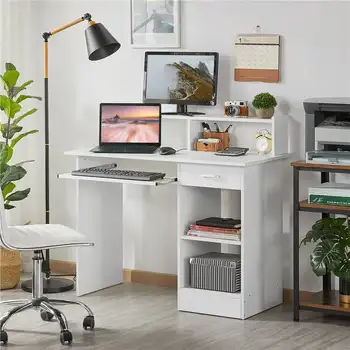 Компьютерный стол Smile Mart для домашнего офиса из дерева с выдвижными ящиками и подставкой для клавиатуры, белый