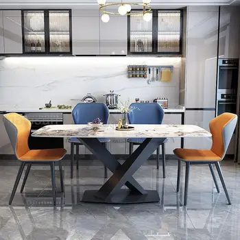 Итальянский стиль, столешница из светлой каменной доски 12 мм, обеденный стол, плавный изгиб, Кухонная мебель, Дизайнерский прямоугольный стол на 6 стульев