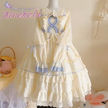 Японское платье Lolita OP Sweet Lolita Dresses Женское Мягкое платье с рюшами для девочек, Женское платье с длинным рукавом, Vestidos AFC2084