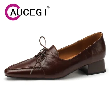 Дизайнеры Aucegi в британском стиле зашнуровывают маленькие квадратные носки, туфли-лодочки на массивном каблуке, женские ретро-модные туфли из натуральной кожи для пригородных поездок.