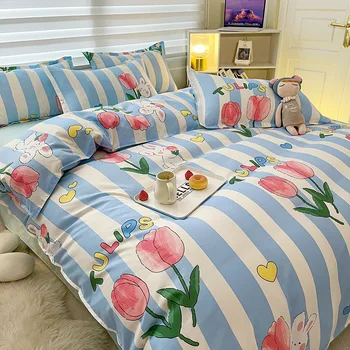 Пододеяльник в полоску с цветочным рисунком кролика, покрывало для детей и взрослых, односпальная двуспальная кровать для спальни (без наволочки) XF719-60