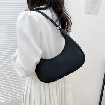 Новая нейлоновая женская сумка в стиле ретро, повседневная сумка через плечо, однотонные роскошные сумки для подмышек, маленькая сумочка на молнии, сумка на подлокотнике с верхней ручкой