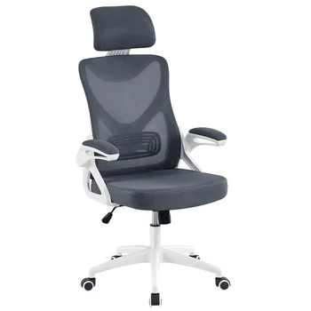 Эргономичный офисный стул SmileMart из сетки с высокой спинкой и регулируемым мягким подголовником, белый / серый