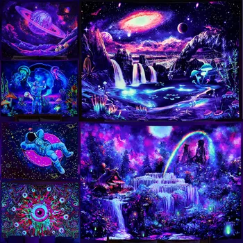Гобелен Trippy Planet с водопадом, реагирующим на ультрафиолетовое излучение, Пейзажный Декор комнаты, Эстетичный Психоделический Настенный Гриб, готический Домашний декор